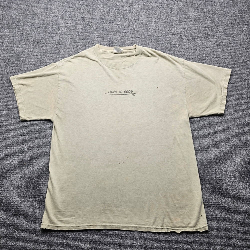 Vintage Long Is Good Surfboard Graphic T-Shirt Tan Distressed Mens Large